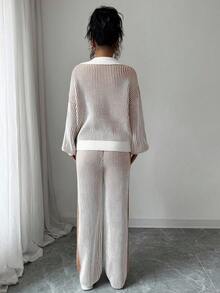 Selianne 2 件套女士 Polo 领拼布撞色套头毛衣上衣 + 长裤套装，秋冬 - 咖啡棕 - 查看 2