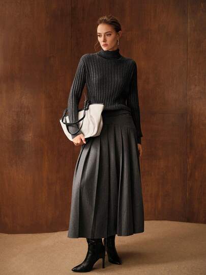 MOTF PREMIUM WOMEN'S WOOL BLEND PLEATED LONG SKIRT, AUTUMN/WINTER