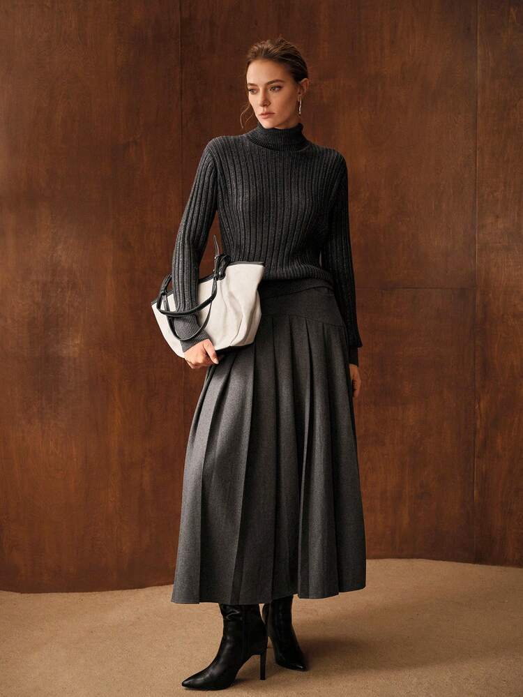 WOMEN'S WOOL BLEND PLEATED LONG SKIRT, AUTUMN/WINTER