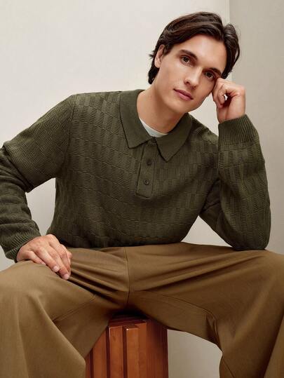 RONVEXI Herren Lässig einfarbiger Strickpullover, Herbst/Winter Strickhemd Erdige Herren Kaschmir Herren Geknöpfter Gestrickter Polokragen Herbstkollektion, Langarm Oberteil