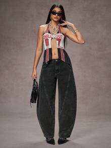 Jeanoix 女士Y2K低腰街头风破洞拼接阔腿牛仔裤 - 黑色 - 查看 5