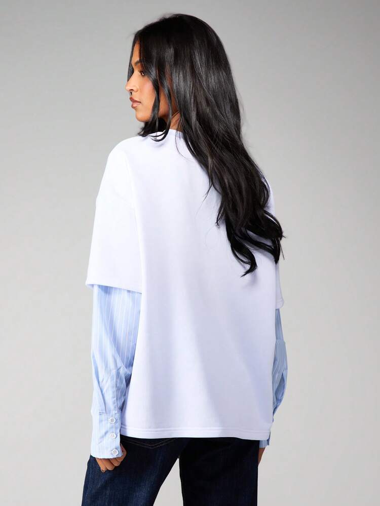 MISSGUIDED Oversized Long Sleeve Layered Tee With Striped Shirt Sleeves For Casual Everyday Wear