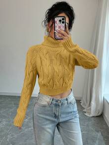 Selianne Women's Solid Color High Neck Raglan Sleeve Cropped Casual Sweater - Yellow - View 6