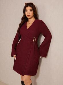 Elaquor Plus Size Women Solid Red Color Overlap V-Neck Long Sleeve Waist Metal Decor Fashion Dress/Christmas Dress/New Year Outfits/Valentine's Day - Burgundy - View 6