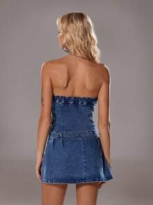 TRNVIE Abito di jeans mini fasciante e sexy alla moda per donna, abiti di jeans estivi, abito di jeans senza spalline in denim mini - Blu lavato medio - Visualizzare 2