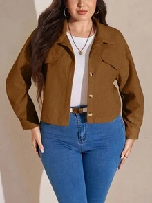 SHEIN LUNE 大码秋季女装纯色简约休闲长袖外套 秋季外套&秋季女装 冬季服装 - 咖啡棕 - 查看 3