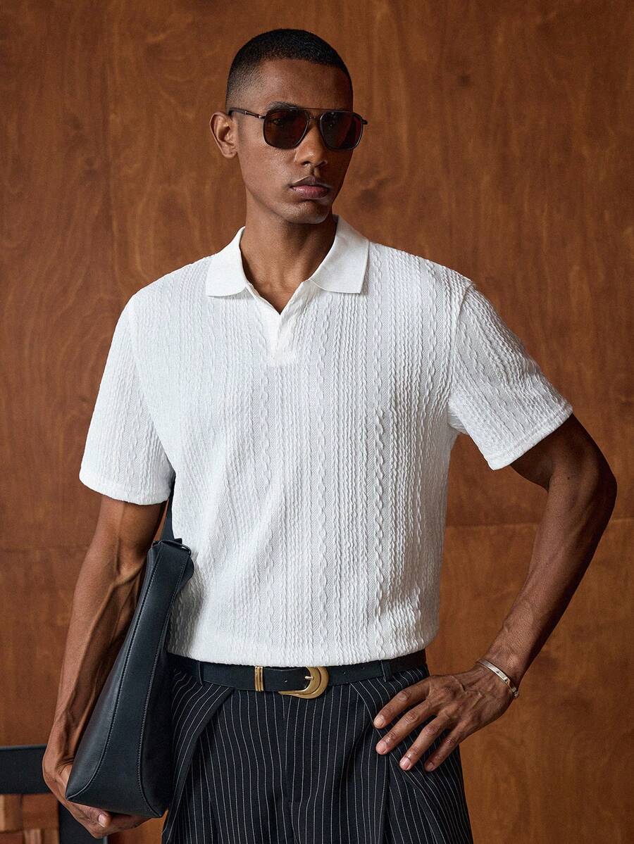 AKNOTIC Herren einfarbiges strukturiertes Kurzarm Lässig Polo Shirt für den Berufsalltag