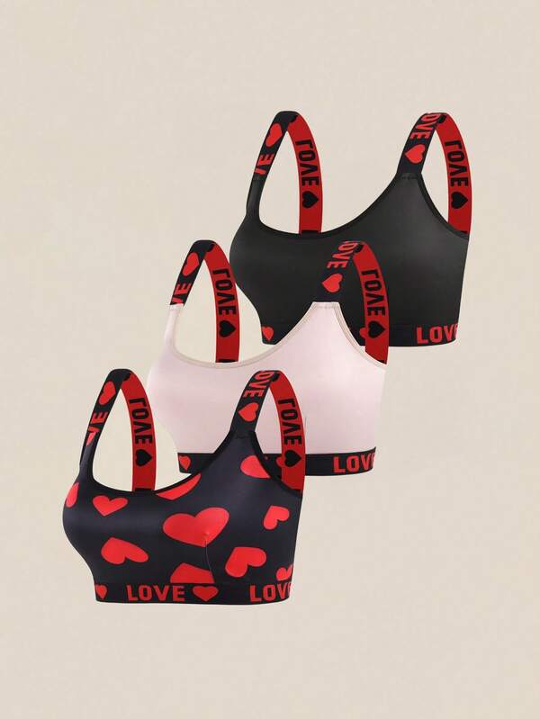 3 piezas Sujetador deportivo sin aros de acero con estampado de corazón y letras, tallas grandes, con tirantes suaves