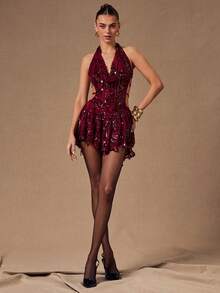 SHEIN BAE 纯绿色优雅串珠流苏刺绣露背系带迷你连衣裙，适合度假、优雅派对、万圣节、日夜外出、宴会、音乐节、圣诞节等场合。 - 綠色 - 查看 4