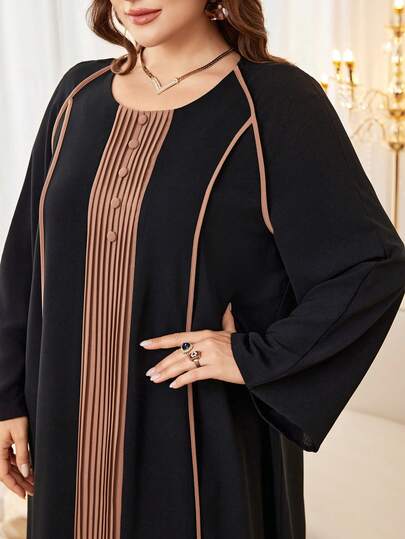 Al Najma Women's Round Neck Long Sleeve Trim Contrast Color Pleated Patchwork Casual Comfortable Plus Size Arabic Dress/Tunic Kaftan Jalabiya Dress