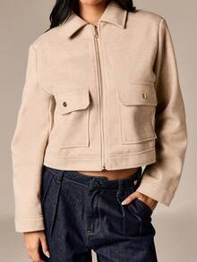 AiiRZ Women Wool Blend Bomber Jacket With Button Details And Zip Closure For Fall Winter Layering - Apricot - View 4