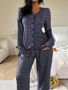 SHEIN 女士针织休闲宽松条纹印花上衣和裤子家居服套装，冬季服装 - 藏蓝色 - 查看 6