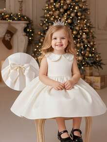 Elegant & Cute Satin Apricot Mesh Collar Dress For Baby Girl