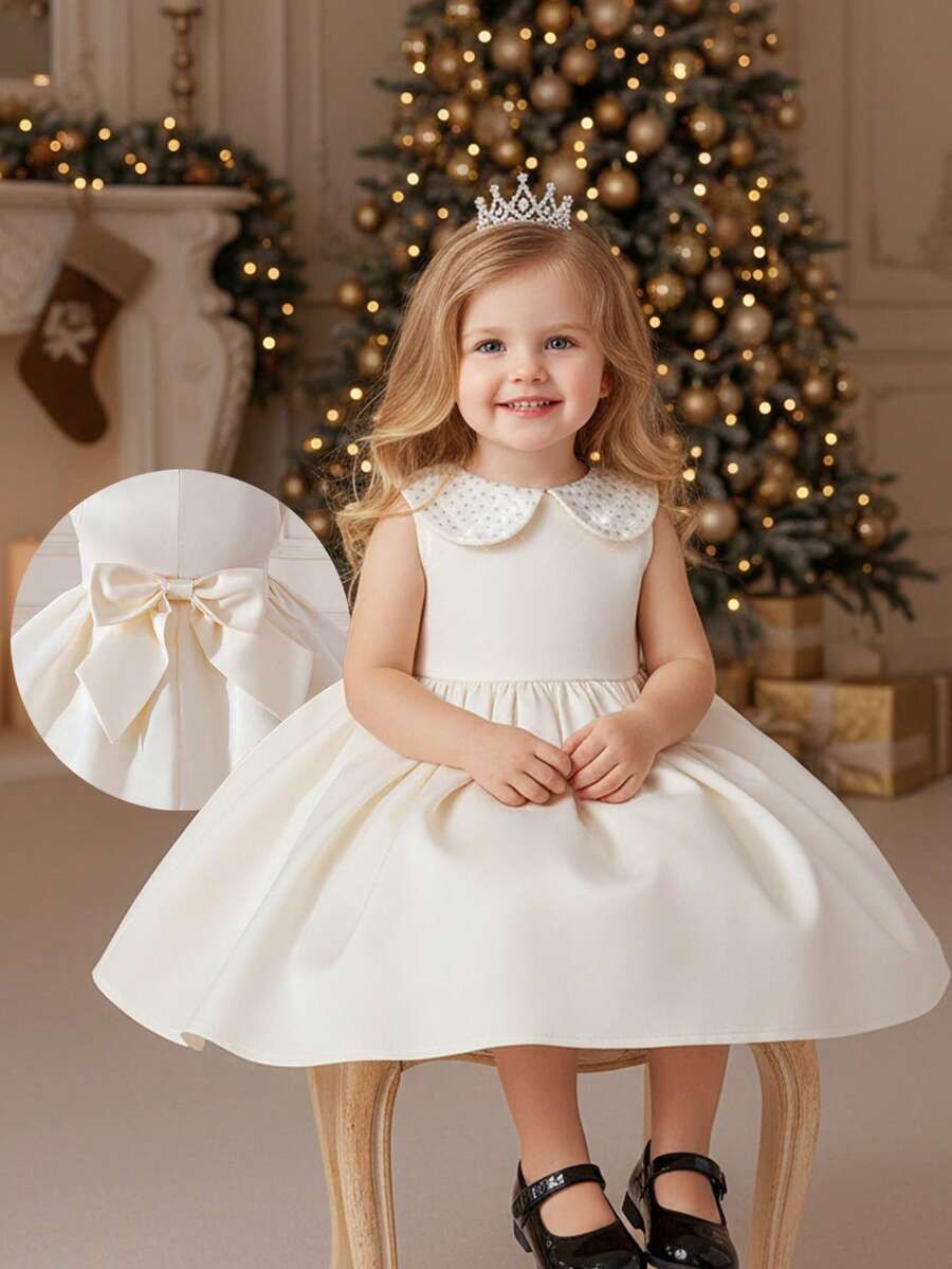 Elegant & Cute Satin Apricot Mesh Collar Dress For Baby Girl