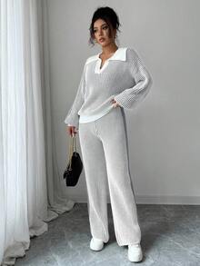 Elenzga 2 件套女士 Polo 领拼布撞色套头毛衣上衣 + 长裤套装，秋冬 - 灰色 - 查看 4