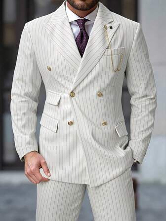 Manfinity Mode Men's Line Print Minimalist Casual Long Sleeve Suit Jacket And Pants Set Men Beige Suit Men Double Breasted Suit Men Summer Suits Men Pinstripe Suit Cream Suit Men