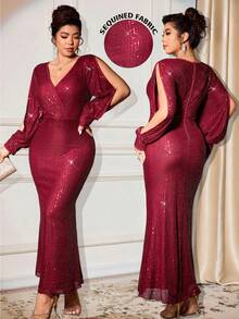 Cravure Vestido maxi ajustado de manga larga con cuello en V cruzado, bajo de cola de pez y tela con lentejuelas para mujer de talla grande, elegante para uso diario y fiestas - Rojo - Ver 7