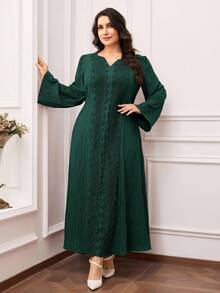 Al Najma Plus Size Women's Lace Patchwork V-Neck Long Sleeve Elegant Arabic Style Maxi Dress - Dark Green - View 5
