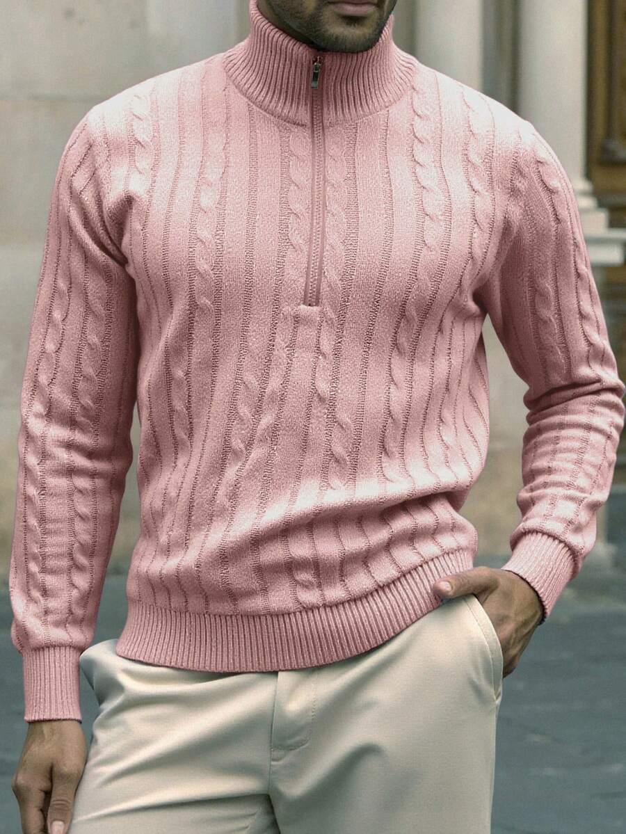 OTTIMOZO 男士拉链半开襟长袖麻花图案休闲毛衣，秋冬款 - 藕粉色 - 查看 1