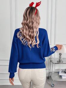 SHEIN LUNE Women's Valentine's Day Sequin Patchwork Crew Neck Long Sleeve Sweater - Royal Blue - View 2