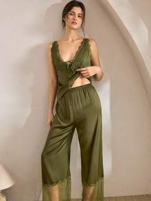 Ocili 2pcs Bohemian Style Lace Trim Camisole & Pants Sleepwear Set, Comfortable Women Pajamas - Dark Green - View 6
