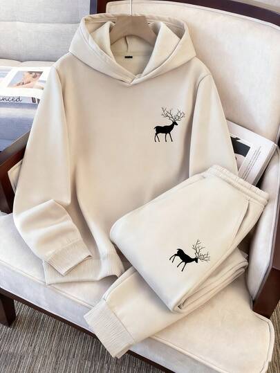Manfinity Joysei Sudadera con capucha y pantalones de chándal minimalista con silueta de ciervo, color caqui, para hombres de talla grande, para el invierno