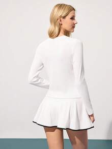 CourtClass CourtClass Women's Round Neck Long Sleeve 2-Piece Sportswear Set,Black And White Contrast A-Line Skort Tennis Dress,Tummy Control Running Golf Athleisure Autumn - White - View 2
