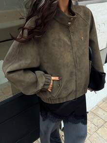 DAZY 女士立领短款夹克，休闲街头风插肩袖立领飞行员夹克 - 綠色 - 查看 1