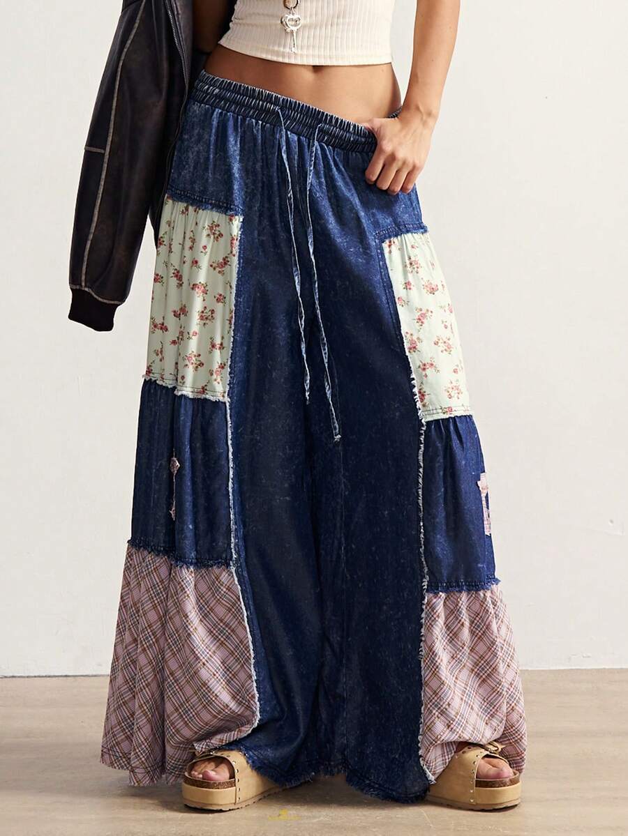 Bohemela Carnival Boho Patchwork Plaid Loose Wide Leg Casual Jeans Pants For Women, Suitable For Summer & Autumn