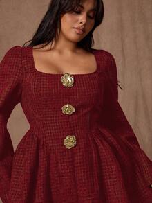 Rustia Plus Size Women Floral Print Square Neck Long Sleeve Waist Ruched Elegant Dress For Dates And Parties, Autumn/Winter - Burgundy - View 1