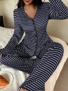 SHEIN 女士针织休闲宽松条纹印花上衣和裤子家居服套装，冬季服装 - 藏蓝色 - 查看 5