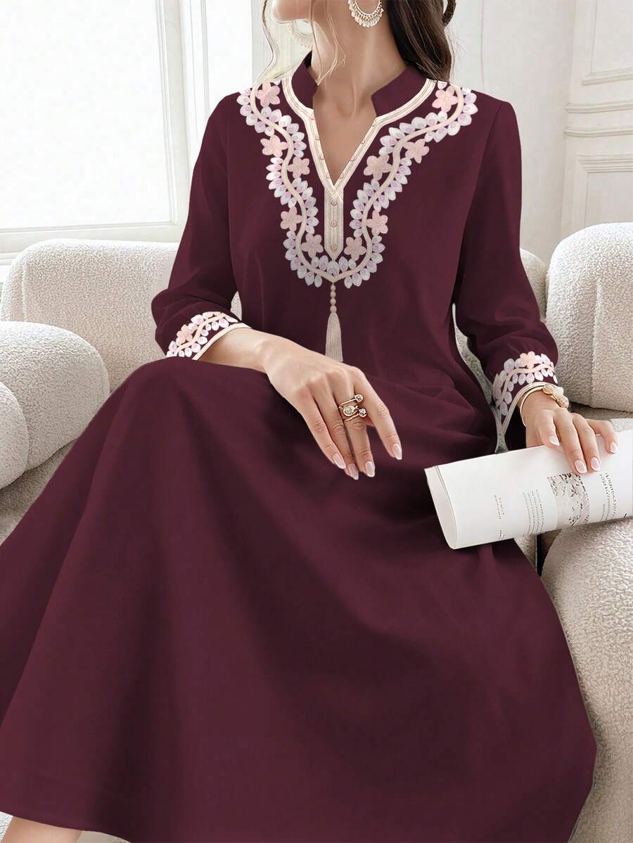 SHEIN Najma 女士花卉数码印花优雅长袖立领睡袍，春秋季 - 彩色 - 查看 1