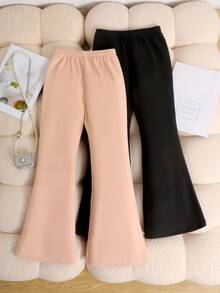 SHEIN 2pcs Tween Girls Thermal Lined California Slogan Embroidered Patch Skinny Flare Pants Set, Casual Everyday Wear, Black & Pink, Autumn/Winter - Pink - View 2