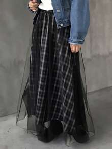 FRIFUL 女士弹力腰格子撞色网纱休闲裙 - 黑色 - 查看 4