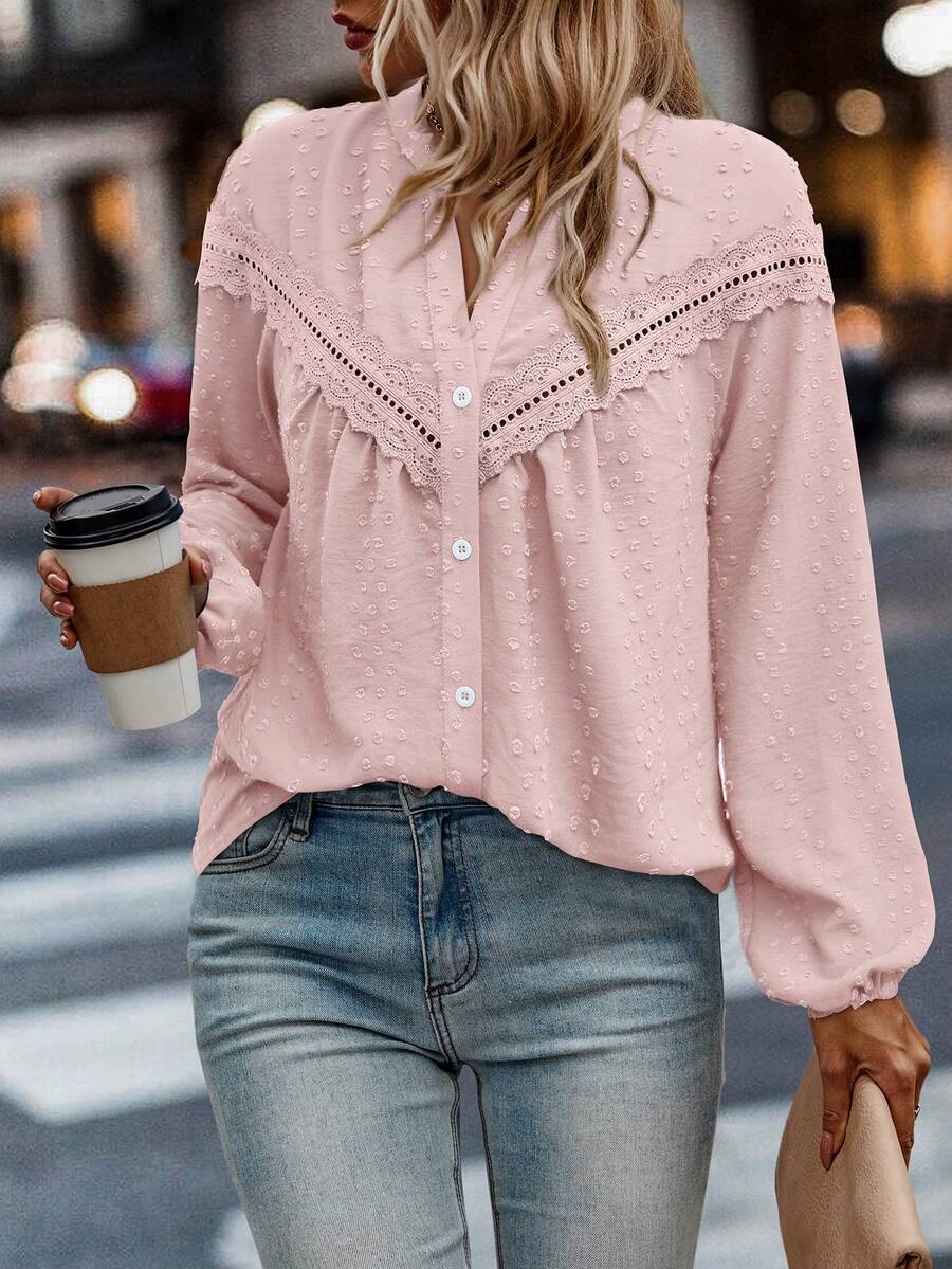 EMERY ROSE 秋冬女式纽扣前长袖拼布衬衫，休闲日常穿着女式衬衫秋季女装 - 淺粉色 - 查看 1