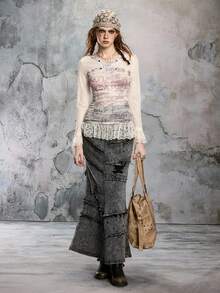 ROMWE EDITION Fairy Punk Rebellious Sheer Mesh Lace Rivet Splice Fitted Long Sleeve T-Shirt - Apricot - View 8