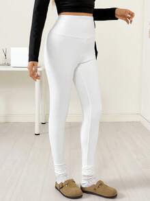 Ritzy Row High Waist Solid Color Skinny Leggings, Casual & Sporty - White - View 4