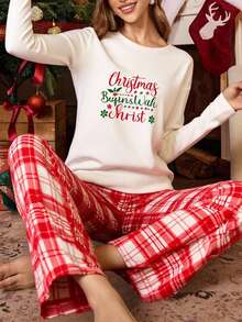 EURMUSE 女士棉质圣诞字母家居睡衣套装 - 紅白色 - 查看 1