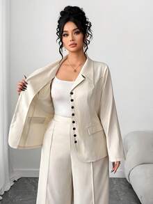 SHEIN Tall CURVE Bộ vest vải dày cổ chữ V màu mơ cỡ lớn dành cho nữ, có nút tương phản màu đen và túi giả, thiết kế trang phục giáo viên chuyên nghiệp thanh lịch, thích hợp cho lễ Halloween, thời trang thu mới, cao cấp, tay dài, bó eo, dáng thẳng, rộng rãi - Màu be - Xem 8