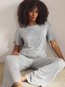 Ocili 休闲简约荷叶边下摆系带长袖上衣和裤子女士睡衣套装，别致秋季 - 灰色 - 查看 2