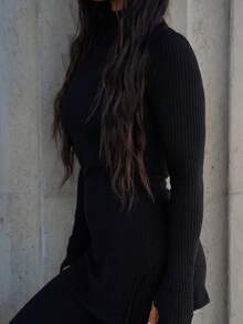 SAYEHFBABY 2pcs Simple Style Women Stand Collar Long Sleeve Top And Pants Set - Black - View 6