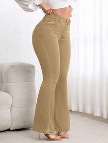 SHEIN CURVE+ Damen Große Größen Blaue Denim Elastische Sexy Anliegende Schlaghose, Cowgirl/Rodeo - Khaki - Übersicht 7