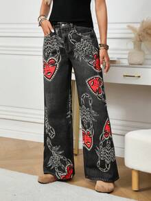 SHEIN LUNE Women's Scorpion Print Pocket Wide Leg Loose Casual Jeans Pattern Pants Women Wide Leg Pants Palazzo Pants Women Bohemian Pants - Black - View 6