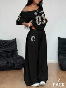 Coolane 2 件套女士休闲复古运动风格豹纹印花 01 号徽章图案斜肩 T 恤和运动裤套装，适合秋冬 - 彩色 - 查看 5