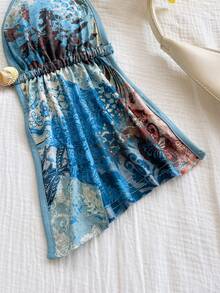 Soleia 女士复古印花佩斯利印花性感V领金属装饰露背吊带衫，荷叶边设计，适合海滩度假、波西米亚风、派对、性感优雅场合，也适合海滩、海边、约会、海滩假期、假日下午茶、婚礼季、海滩邮轮假期、城市度假、波西米亚风假期、音乐节、嬉皮风、西部风等，可内穿或外穿，四季皆宜 - 藍色 - 查看 5