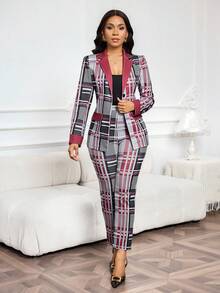 SHEIN Lady 女士优雅格子长袖外套和裤子套装，圣诞节、新年、情人节服装，女士格子两件套，女士套装 - 紅色 - 查看 7