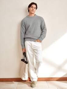 RONVEXI 男士长袖休闲纯色圆领毛衣，适合秋冬季节穿着，灰色男士针织衫，灰色连帽衫，男士羊绒灰色毛衣 - 灰色 - 查看 5