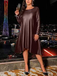 Plus Size Women Casual Solid Color Long Sleeve Dress