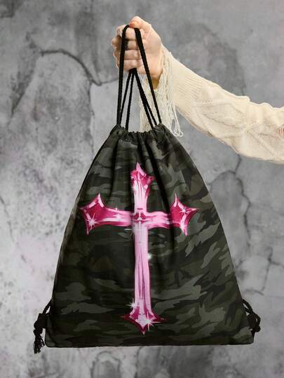 Grunge Punk Vintage Camouflage Pentagram & Number Print Large Capacity Drawstring Backpack, Fashionable Casual Unisex Daypack, Gym Bag, Suitable For School, Vacation, Party, Shopping