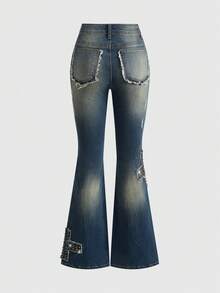 ROMWE Grunge Punk Quần jeans ống loe ôm vừa vặn phong cách Y2K Retro Millennium Baddie Cross Stud thiết kế rách dành cho nữ - Màu xanh lam - Xem 2